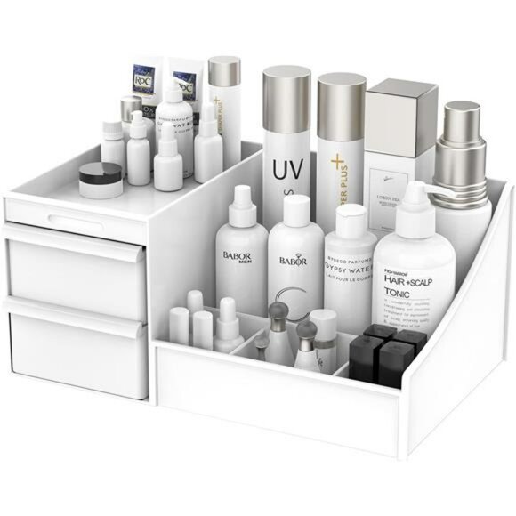 White Makeup Organizer with Drawers Vanity Storage Box for Bathroom Counter - Picture 1 of 7